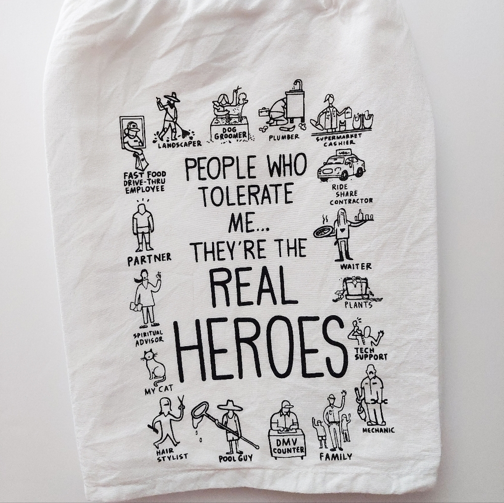 "The Real Heroes" whimsical towel home decor white cotton display for giggles